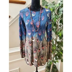 Grace Elements Women Blue & Gray Rayon Round Neck Long Sleeve Top Blouse Size L